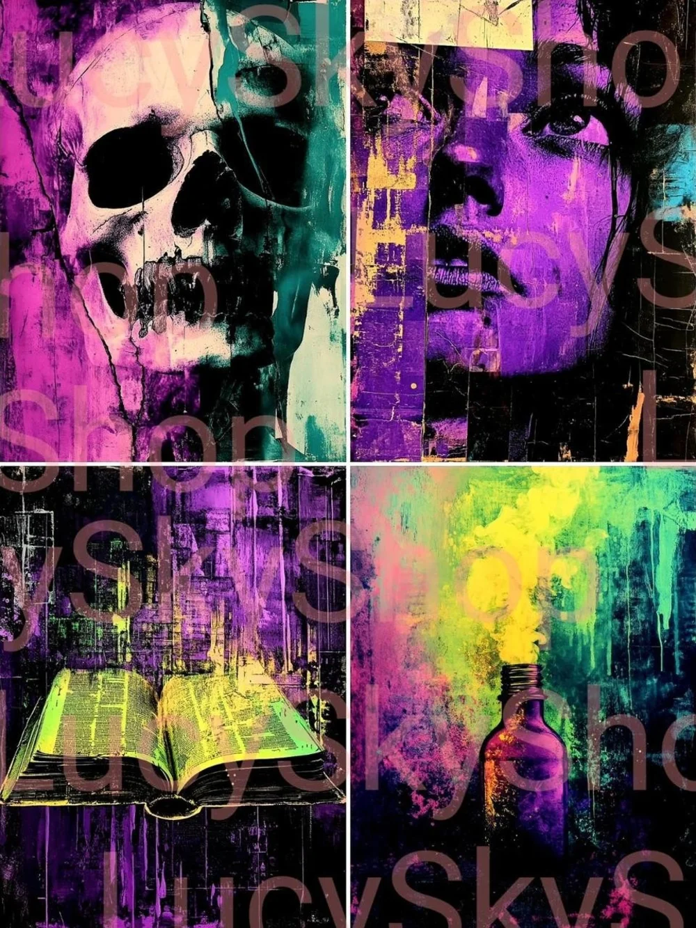 Witchy Surreal Large Sticker 16 Set Handmade Whimsy Goth Dreamy Neon w GLITTER